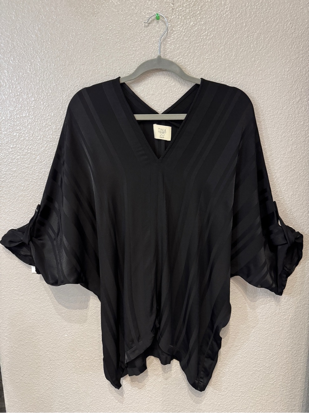 Tina Jo Black Sheer Stripe V-Neck Blouse Top Dolman Sleeve Medium USA Made